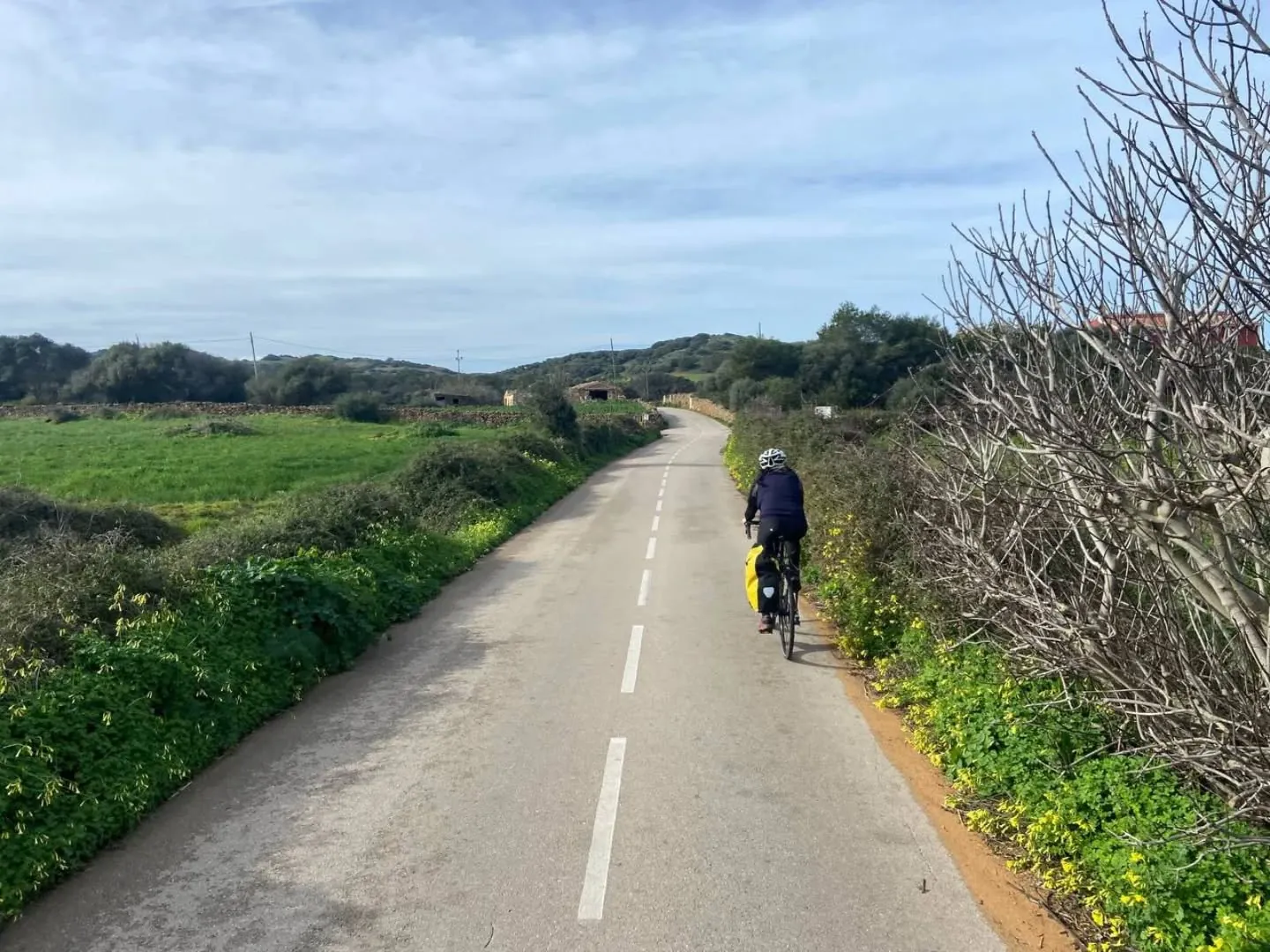 Ciclista por una carretera rural entre prados